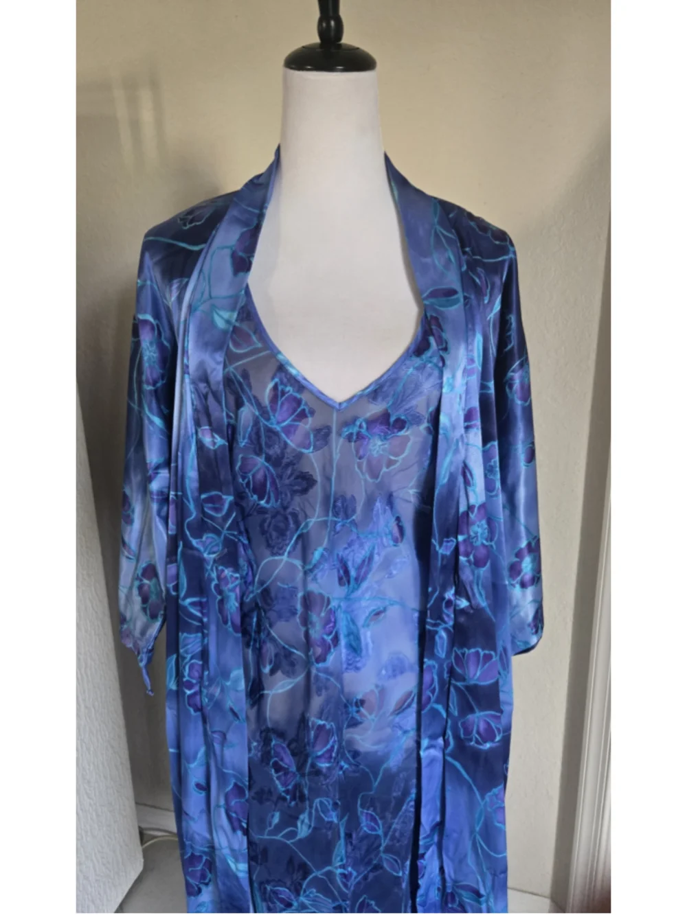 Vintage California Dynasty Floral Satin Robe & Slip Dress Gown 2 Piece Set. Lrg